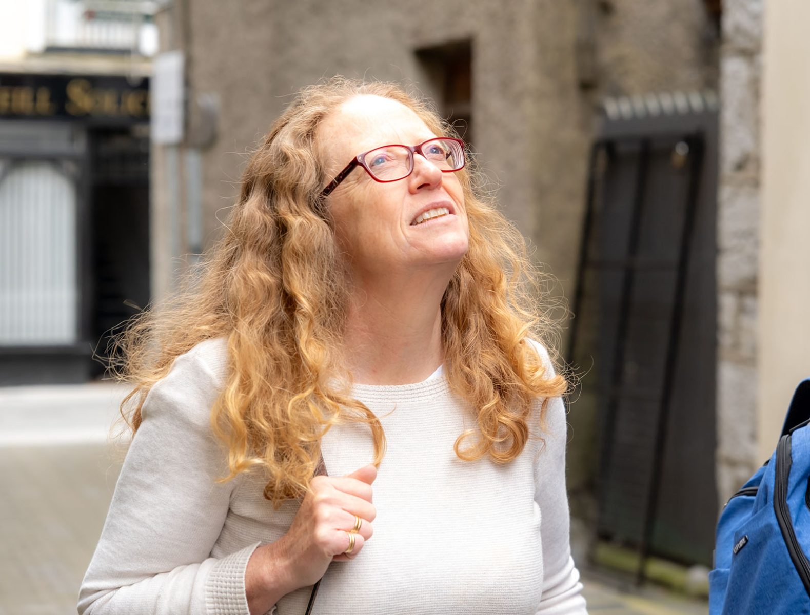 Tour member looking up